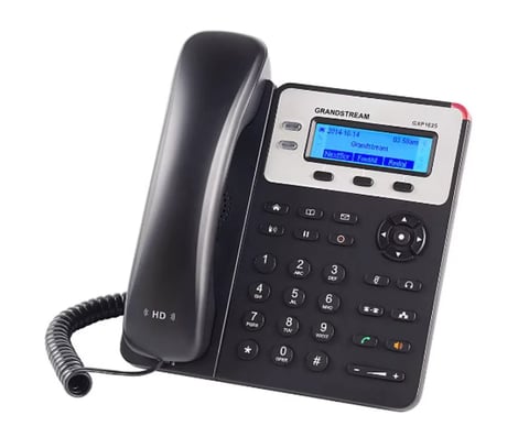 Grandstream IP desk phone with black handset, blue LCD display, and numeric keypad