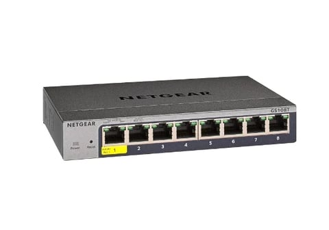 Netgear GS108E managed switch with 8 ethernet ports and power indicator lights