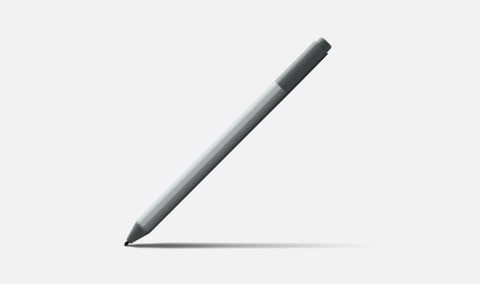 Gray stylus pen with dark tip positioned diagonally on light gray background