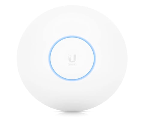 White circular Ubiquiti wireless access point with blue LED ring indicator