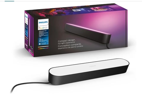Philips Hue Play light bar in black and white with product packaging box displayed above it