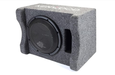 Gray carpeted subwoofer enclosure with black speaker cone and ported design