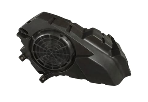 Black plastic headlight assembly with circular LED or bulb housing and ventilation grille
