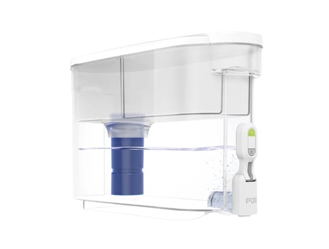 White water pitcher dispenser with blue filter cartridge and dispensing tap on the side