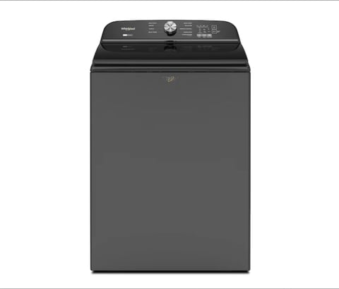 Whirlpool top-load washing machine in dark gray with digital control panel on top