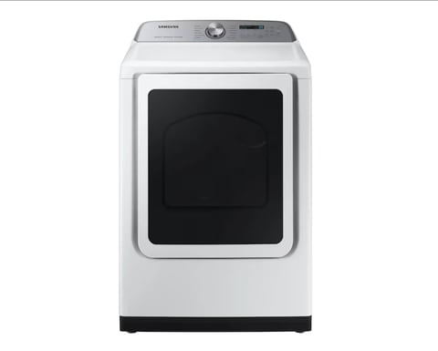 White Samsung electric dryer with stainless steel top, front-loading design, and digital control panel