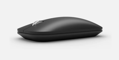 Black wireless computer mouse with sleek rounded design on white background
