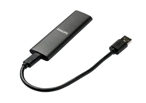 Philips USB adapter with elongated dark gray casing connected to a black USB Type-A connector cable