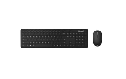 Black Microsoft wireless keyboard and mouse combo set displayed on white background