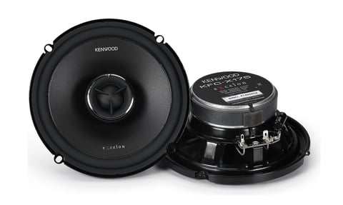 Pair of black Kenwood car speakers shown from front and back views displaying dome tweeters and specifications