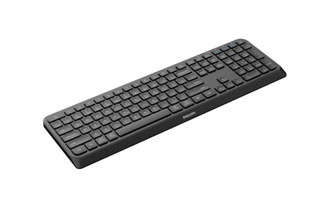 Black wireless computer keyboard with full-size layout and numeric keypad on white background