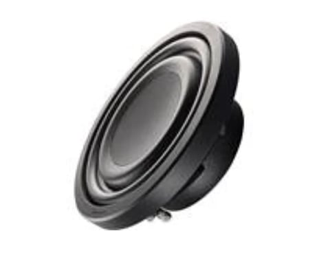 Black car subwoofer speaker with silver cone against white background