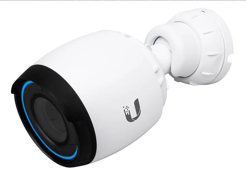White and black Ubiquiti bullet security camera with blue LED ring