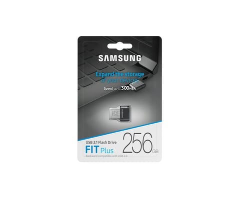 Samsung FIT Plus 256GB USB 3.1 Flash Drive retail packaging with speed specification