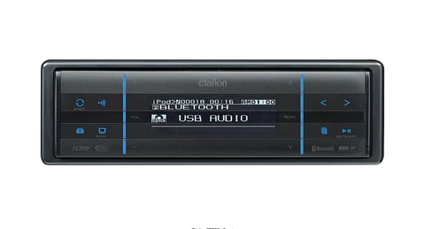 Clarion car stereo receiver with black faceplate, blue accent lines, digital display showing USB audio mode, and control buttons