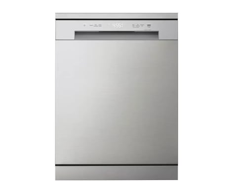 Stainless steel front-load dishwasher with control panel and digital display on white background