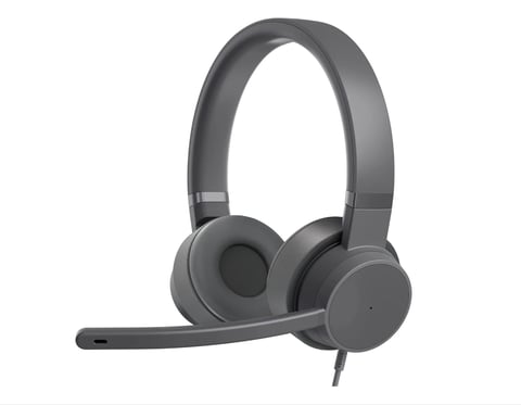 Gray wired headphones with microphone boom and over-ear design against white background