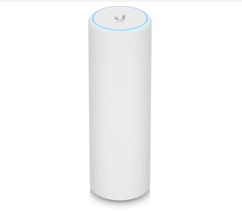 White cylindrical Ubiquiti wireless access point with blue-ringed top and logo