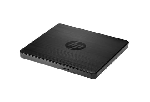 Black HP external optical disc drive with brushed metal finish and HP logo on top