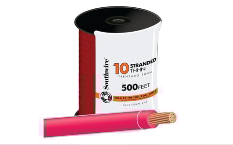 Roll of Southwire 10 AWG stranded THHN electrical wire with 500 feet of red copper conductor next to a coiled section of wire