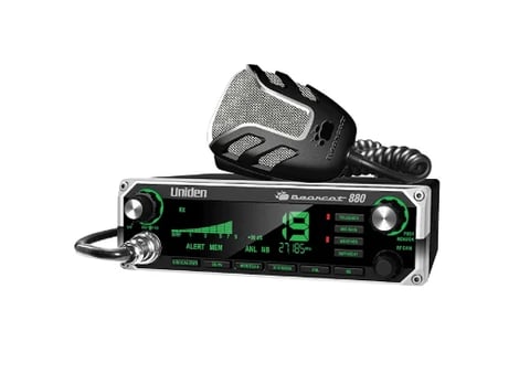 Uniden Bearcat 880 CB radio with microphone on white background