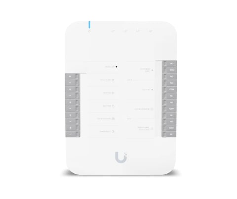 White rectangular smart home control panel with blue indicator light at top and gray side buttons