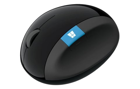 Black ergonomic mouse with blue Windows logo button on top