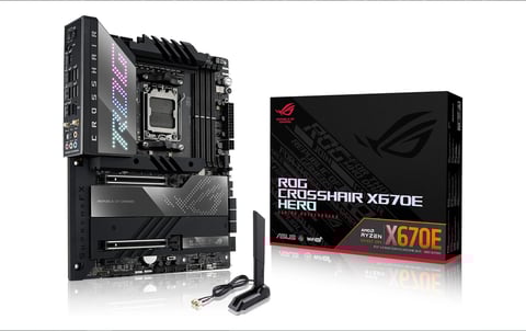 ASUS ROG CROSSHAIR X670E-E motherboard with packaging box and antenna