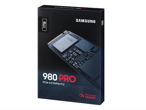 Samsung 980 PRO NVMe SSD box displaying the product with PCIe 4.0 specifications on black packaging
