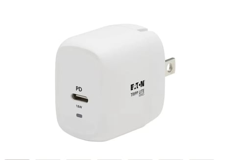 White Eaton portable USB-C power charger with PD label and folding prongs on white background