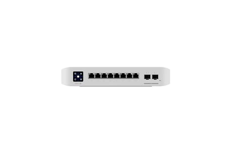 White network switch with eight ethernet ports and two SFP ports on light background