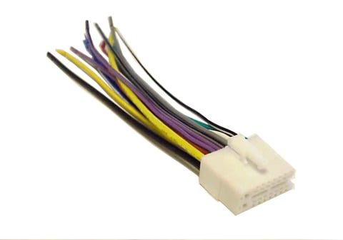 White connector with black, yellow, purple, and gray wires extending from it on white background