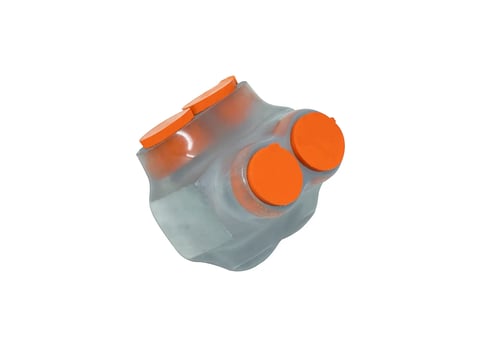 Gray and orange binocular device with orange lens caps on white background