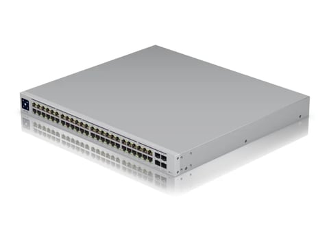 Gray network switch with multiple ports on front panel, angled 3D perspective view