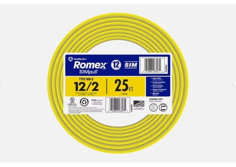 Yellow electrical wire spool labeled Romex 12/2 SIMpull, 25 feet, coiled on white background