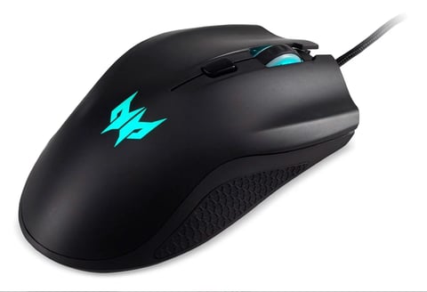 Black gaming mouse with cyan lightning bolt logo and textured grip side panel