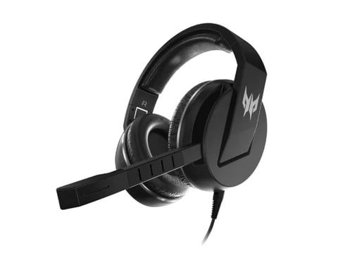 Black gaming headset with attached microphone boom and wired connection