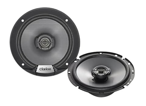 Pair of Clarion car speakers with black frames and gray cones, shown from above