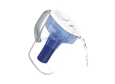 PUR water pitcher filter dispenser with blue lower chamber, white upper lid, and handle on white background
