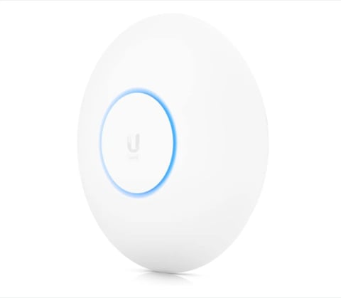 White oval device with blue button outline and U symbol in center
