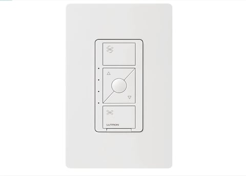 Lutron ceiling fan and light control switch with three fan speed settings and dimmer dial