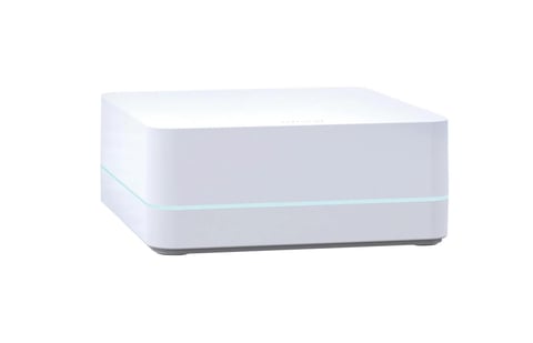 White rectangular device with rounded corners and gray base, viewed from a 3/4 angle