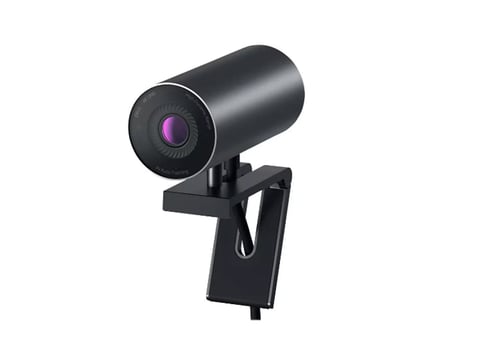 Black webcam with purple lens mounted on adjustable clip stand against white background