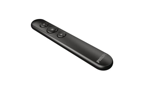 Black wireless presentation remote control with multiple buttons on a white background