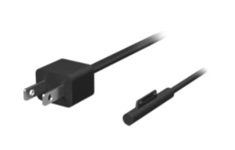 Power cable with rectangular plug connector and round connector end on white background