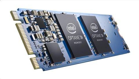 Intel Optane Memory M10 solid state drive with blue circuit board and gold connectors