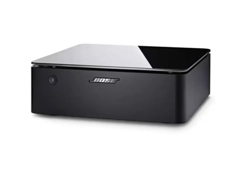 Black Bose AirPlay speaker with silver top lid and front-facing camera on white background