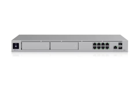 Gray rack-mounted network switch with 8 Ethernet ports and 2 SFP ports