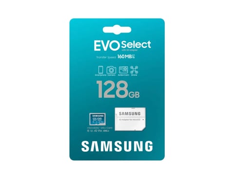 Samsung EVO Select 128GB microSD card with 160MB/s read speed on teal packaging