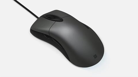 Black wired computer mouse with ergonomic design on white background